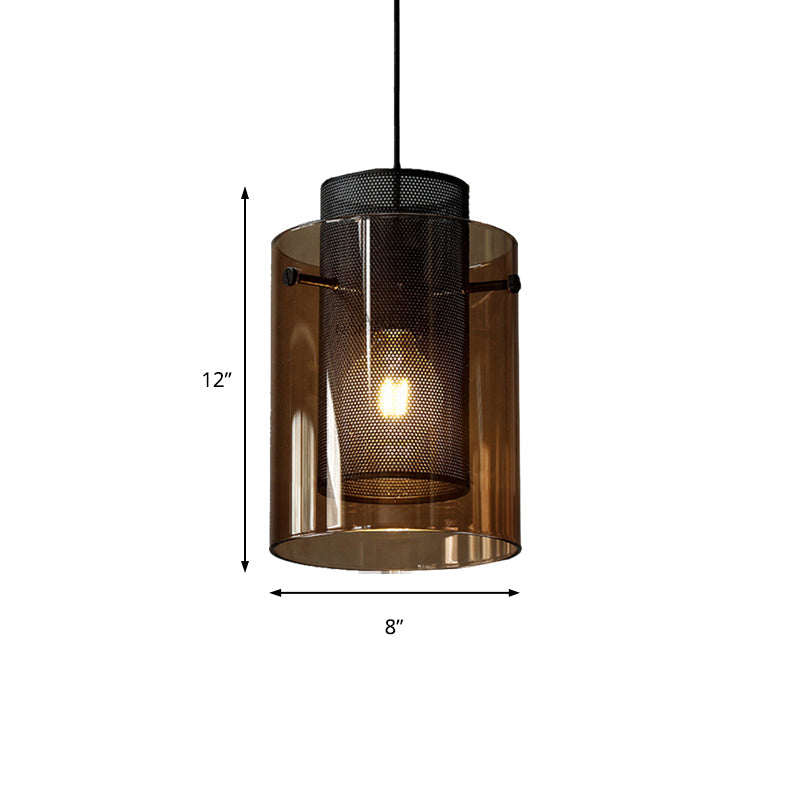 Modern Amber Cylinder Pendant Lamp with Hollow Mesh Screen - Ideal Hanging Light for Kitchen, 1 Bulb