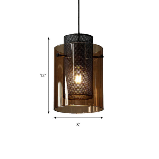 Modern Amber Cylinder Pendant Lamp With Mesh Screen - Perfect Hanging Light For Kitchen