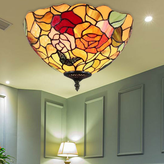 Stained Glass Rose Flush Mount: Lodge Inspired 2-Light Ceiling Fixture for Bedroom