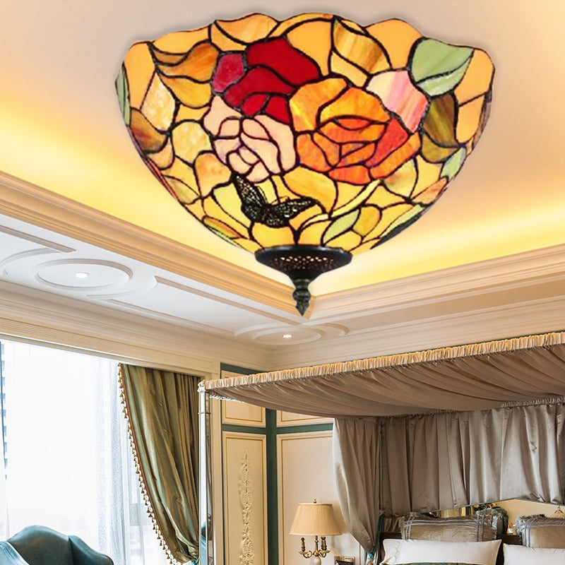 Stained Glass Rose Flush Mount: Lodge Inspired 2-Light Ceiling Fixture for Bedroom