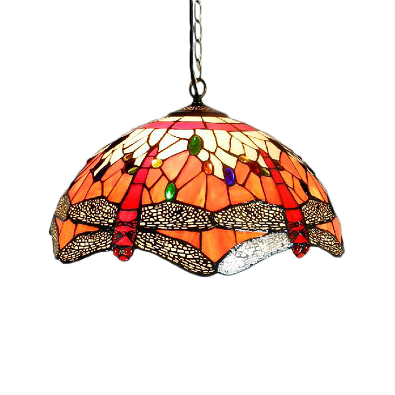 Dragonfly Hand-Cut Glass Ceiling Light With Victorian Style 2 Heads And Orange Finish - Suspended
