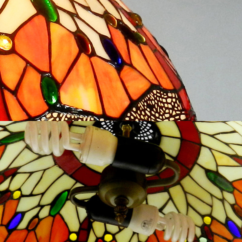 Dragonfly Ceiling Light - Orange Hand Cut Glass Victorian Fixture - 2-Head Suspended Lighting