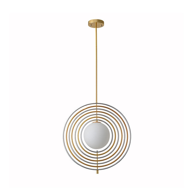Gold Frosted Glass Orbit Pendant Light - Modern 1-Light Hanging Fixture for Dining Room with Concentric Rings
