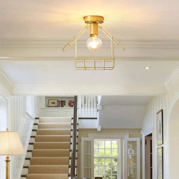 American All-Copper Balcony Ceiling Lamp – Surface-Mounted Fixture with Glass Shade