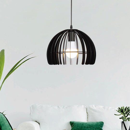 Contemporary Domed Cage Hanging Lamp Kit for Living Room - Metal Single Bulb Suspension Pendant in Black/White