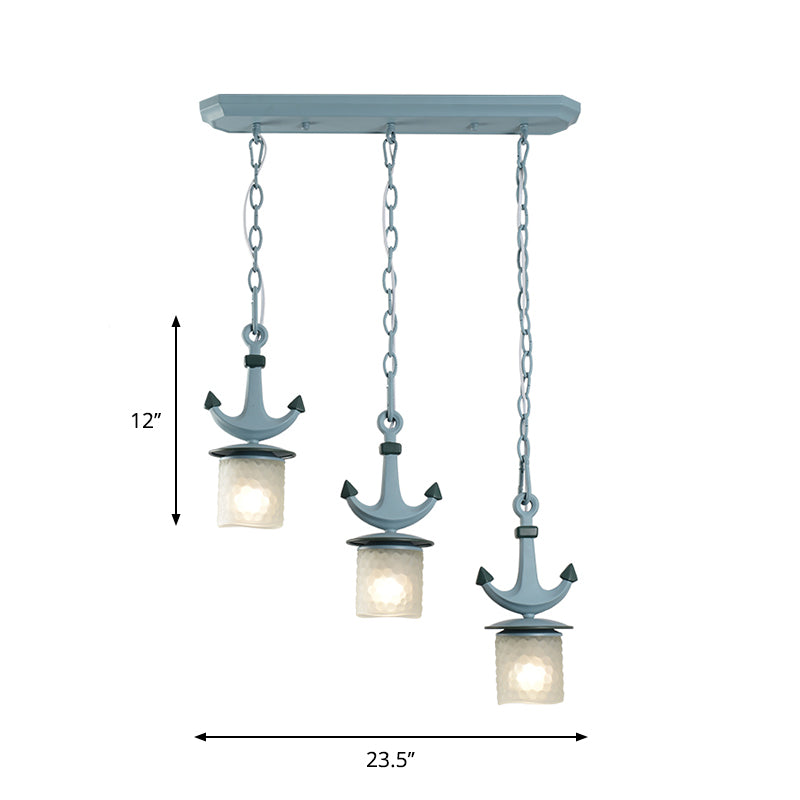 Blue Dimpled Glass Playroom Pendant Lamp With 3 Bulbs - Modern Cylindrical Ceiling Light
