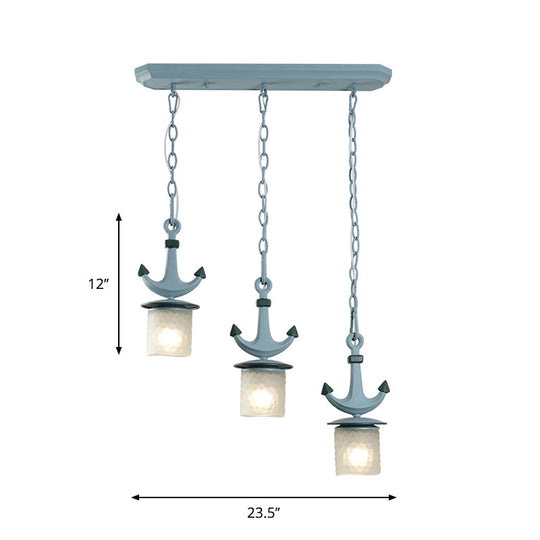 Blue Dimpled Glass Playroom Pendant Lamp With 3 Bulbs - Modern Cylindrical Ceiling Light