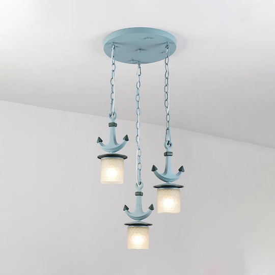 Blue Dimpled Glass Playroom Pendant Lamp With 3 Bulbs - Modern Cylindrical Ceiling Light