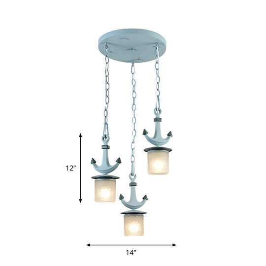 Blue Dimpled Glass Playroom Pendant Lamp With 3 Bulbs - Modern Cylindrical Ceiling Light