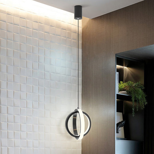 Modern Led Pendant Light With Crossed Ring Design - Black/White Metallic Shade In Warm/White