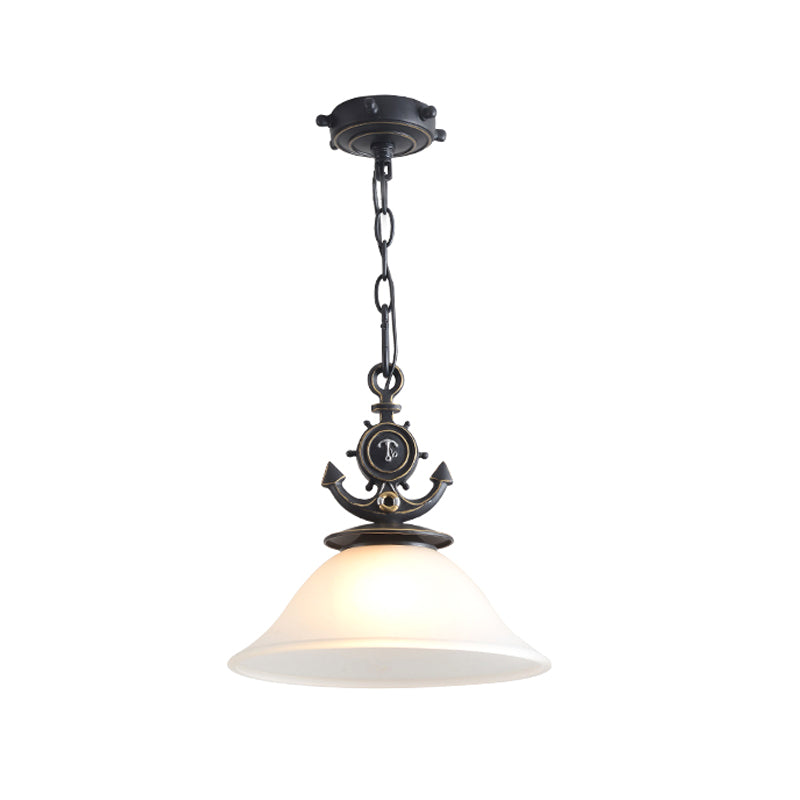 Nordic Opal Glass Ceiling Pendant With Black Suspension - Column/Bell Hang Fixture 1-Head Anchor Top