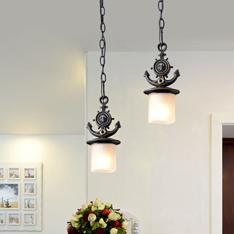 Nordic Opal Glass Ceiling Pendant With Black Suspension - Column/Bell Hang Fixture 1-Head Anchor Top