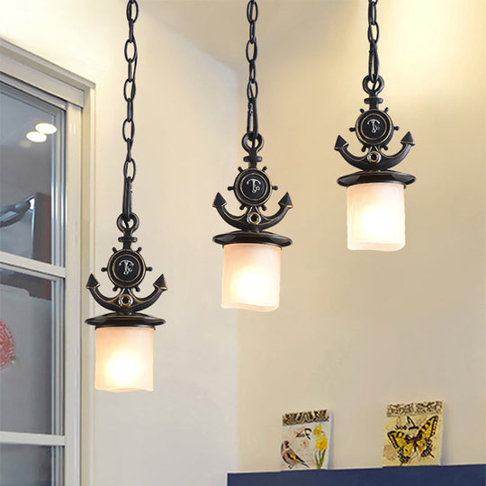 Dimpled Glass Cylindrical Pendant Lights - Modern 3-Head Down Lighting In Black/Blue With Anchor