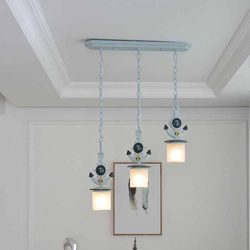 Dimpled Glass Cylindrical Pendant Lights - Modern 3-Head Down Lighting In Black/Blue With Anchor