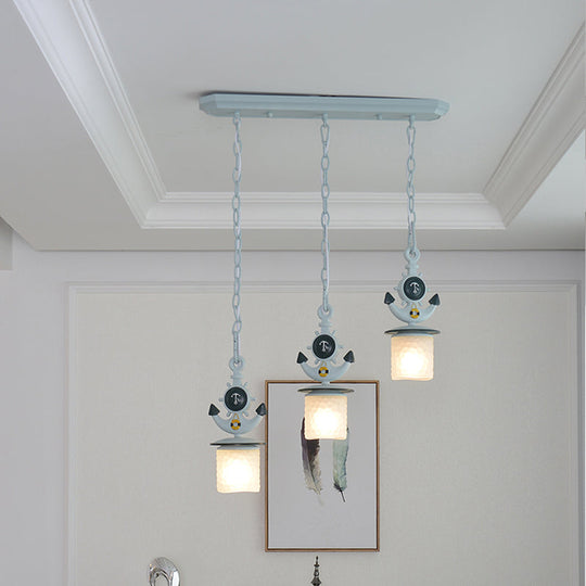Dimpled Glass Cylindrical Pendant Lights - Modern 3-Head Down Lighting In Black/Blue With Anchor