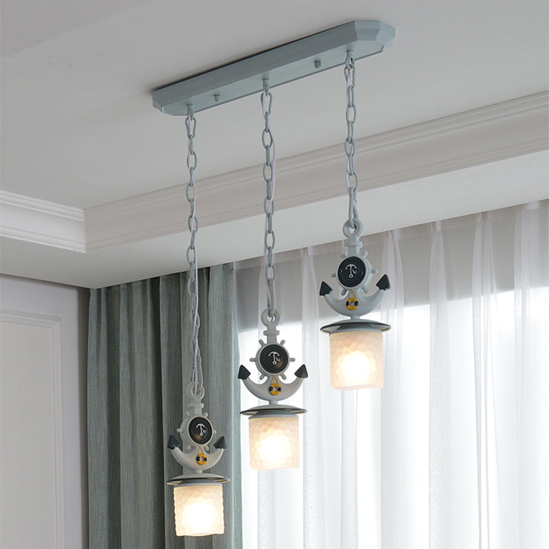 Dimpled Glass Cylindrical Pendant Lights - Modern 3-Head Down Lighting In Black/Blue With Anchor