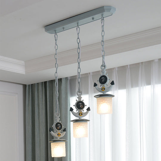 Dimpled Glass Cylindrical Pendant Lights - Modern 3-Head Down Lighting In Black/Blue With Anchor