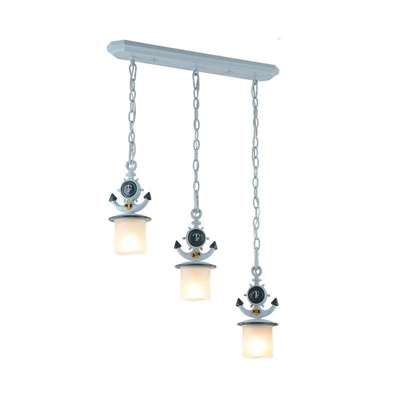 Dimpled Glass Cylindrical Pendant Lights - Modern 3-Head Down Lighting In Black/Blue With Anchor