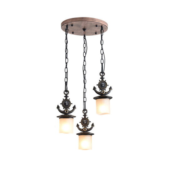 Dimpled Glass Cylindrical Pendant Lights - Modern 3-Head Down Lighting In Black/Blue With Anchor