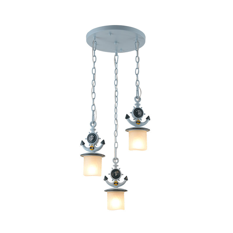 Dimpled Glass Cylindrical Pendant Lights - Modern 3-Head Down Lighting In Black/Blue With Anchor