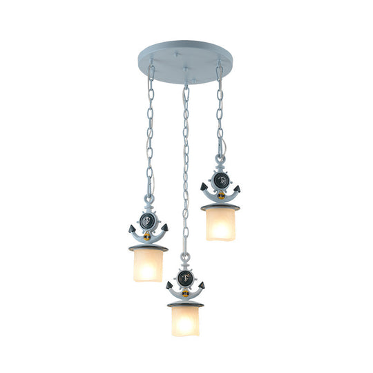 Dimpled Glass Cylindrical Pendant Lights - Modern 3-Head Down Lighting In Black/Blue With Anchor