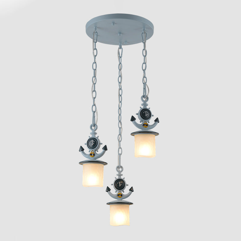 Dimpled Glass Cylindrical Pendant Lights - Modern 3-Head Down Lighting In Black/Blue With Anchor