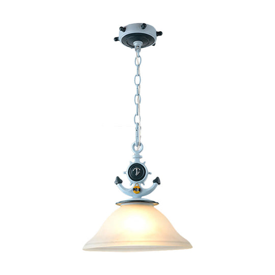 Coastal Frosted Glass Pendant Light With Anchor Design - 5/13 Diameter 1 Bulb Blue