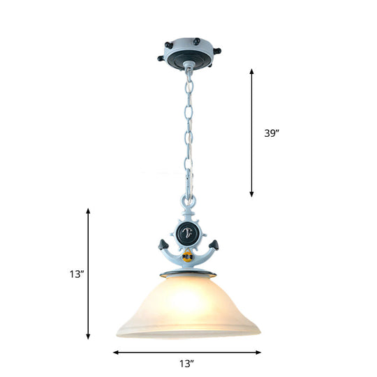 Coastal Frosted Glass Pendant Light With Anchor Design - 5/13 Diameter 1 Bulb Blue