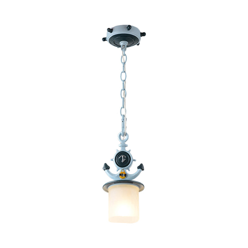 Coastal Frosted Glass Pendant Light With Anchor Design - 5/13 Diameter 1 Bulb Blue