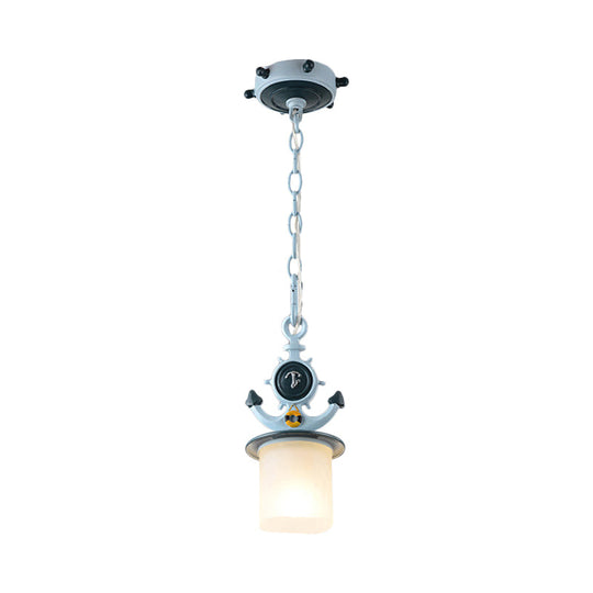 Coastal Frosted Glass Pendant Light With Anchor Design - 5/13 Diameter 1 Bulb Blue
