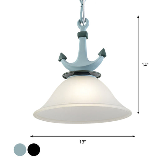Nursery Hanging Lamp With Simple Dimpled Glass Shade - 1-Light Down Lighting In Black/Blue 6/13 W