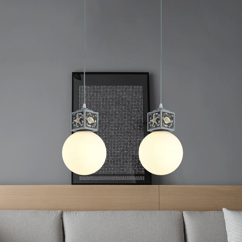 Mediterranean 1-Head Hanging Lamp Kit: White Glass Ball Pendant Light With Conch Cube Deco Sky Blue