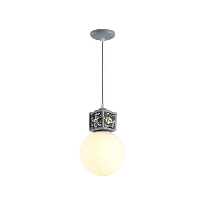 Mediterranean 1-Head Hanging Lamp Kit: White Glass Ball Pendant Light With Conch Cube Deco Sky Blue