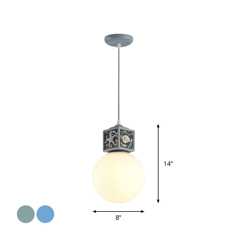 Mediterranean 1-Head Hanging Lamp Kit: White Glass Ball Pendant Light With Conch Cube Deco Sky Blue