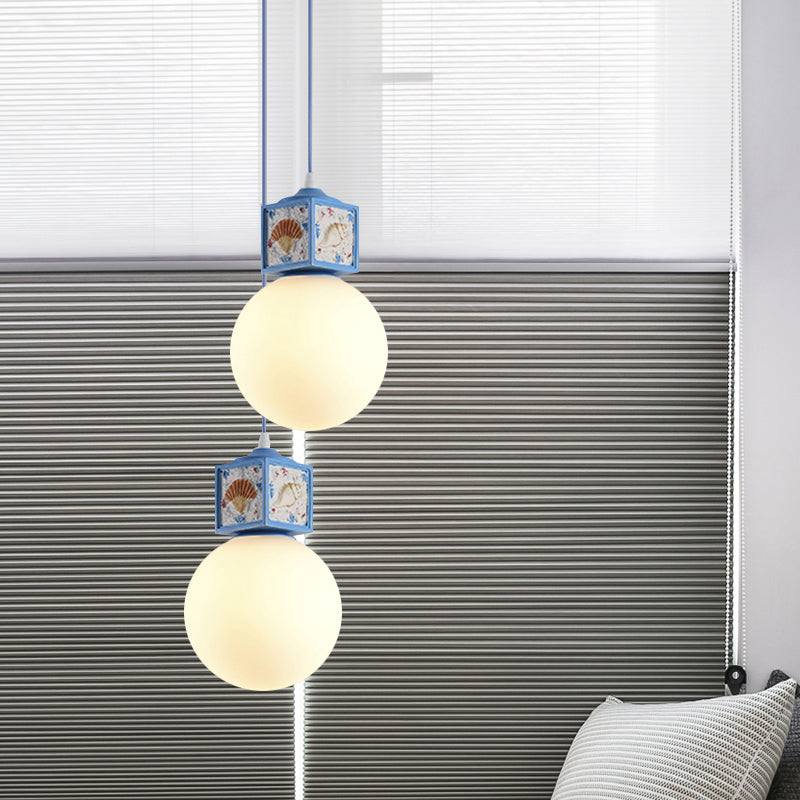 Mediterranean 1-Head Hanging Lamp Kit: White Glass Ball Pendant Light With Conch Cube Deco Sky Blue