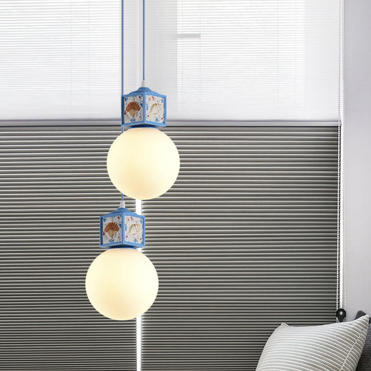 Mediterranean 1-Head Hanging Lamp Kit: White Glass Ball Pendant Light With Conch Cube Deco Sky Blue