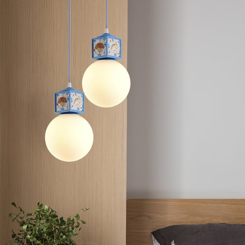 Mediterranean 1-Head Hanging Lamp Kit: White Glass Ball Pendant Light With Conch Cube Deco Sky Blue