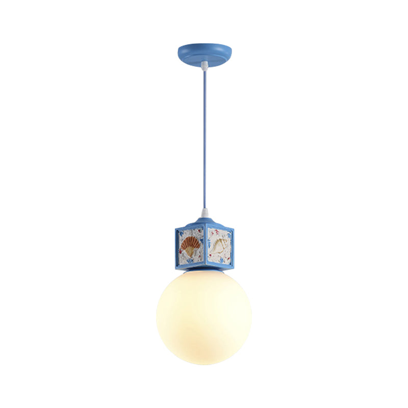 Mediterranean 1-Head Hanging Lamp Kit: White Glass Ball Pendant Light With Conch Cube Deco Sky Blue