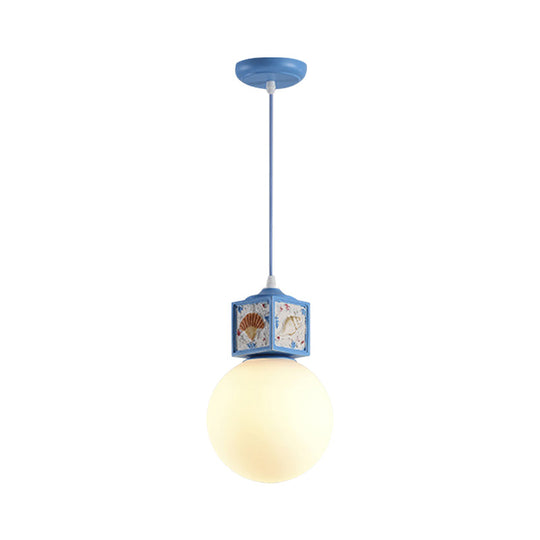 Mediterranean 1-Head Hanging Lamp Kit: White Glass Ball Pendant Light With Conch Cube Deco Sky Blue