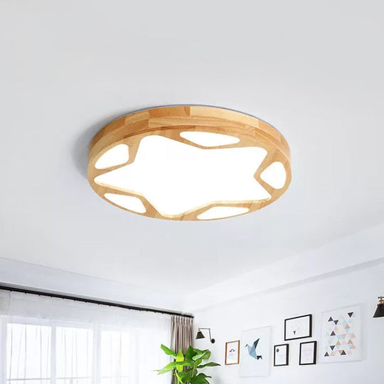 16"/19.5" Minimalist Wood LED Ceiling Light with Star Design in Warm/White/Natural Light - Beige Flush Lamp