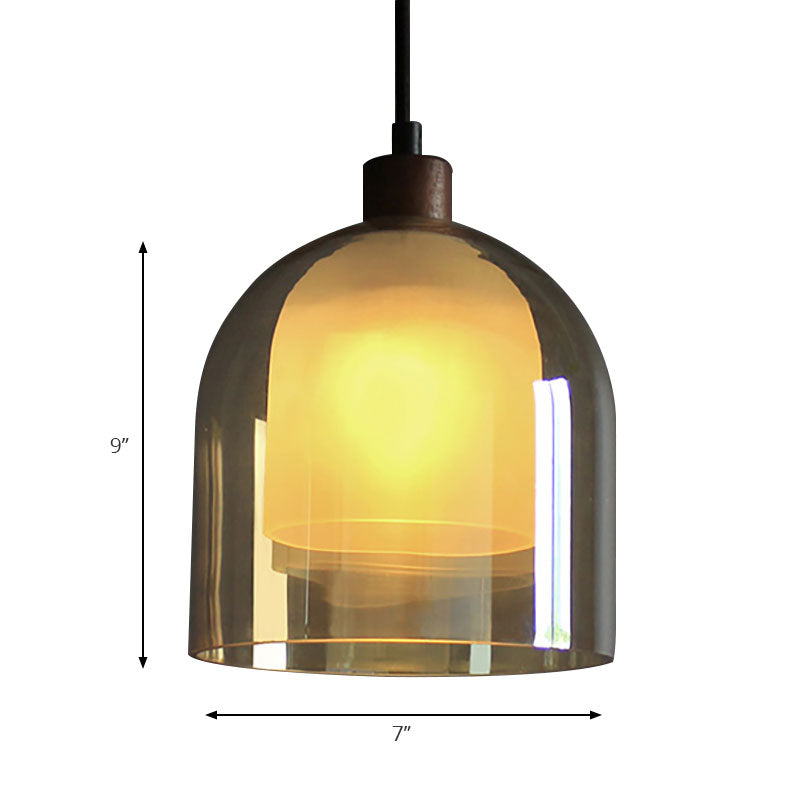 Contemporary Amber Glass Bell Pendant Light with Bronze Ceiling Lamp – Inner Glass Shade
