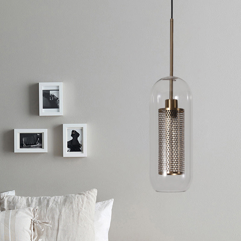 Modern Clear Glass Capsule Hanging Light with Mesh Screen for Balcony Ceiling - 1 Light