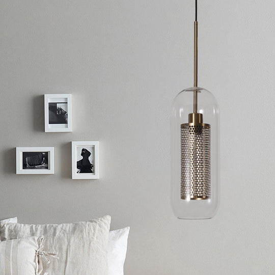 Modern Clear Glass Capsule Hanging Light with Mesh Screen for Balcony Ceiling - 1 Light