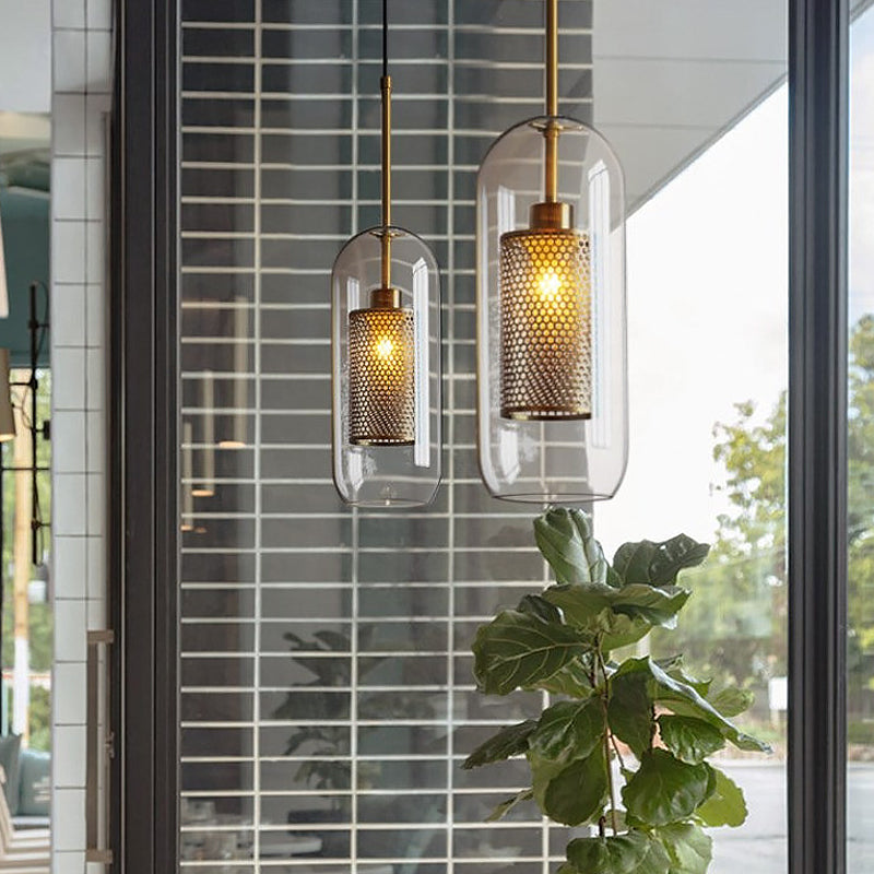 Modern Clear Glass Capsule Hanging Light with Mesh Screen for Balcony Ceiling - 1 Light