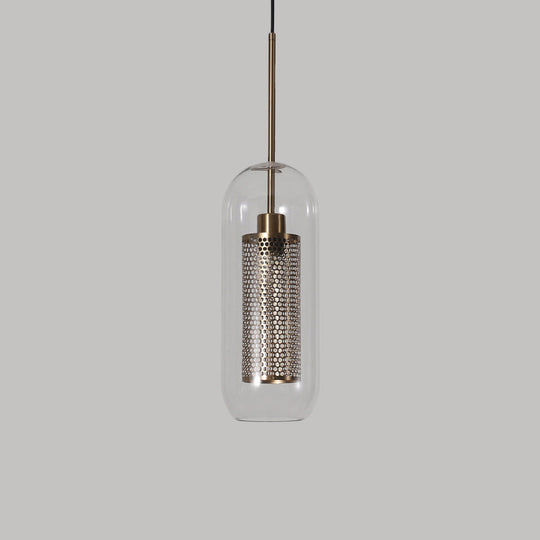 Modern Clear Glass Capsule Hanging Light with Mesh Screen for Balcony Ceiling - 1 Light