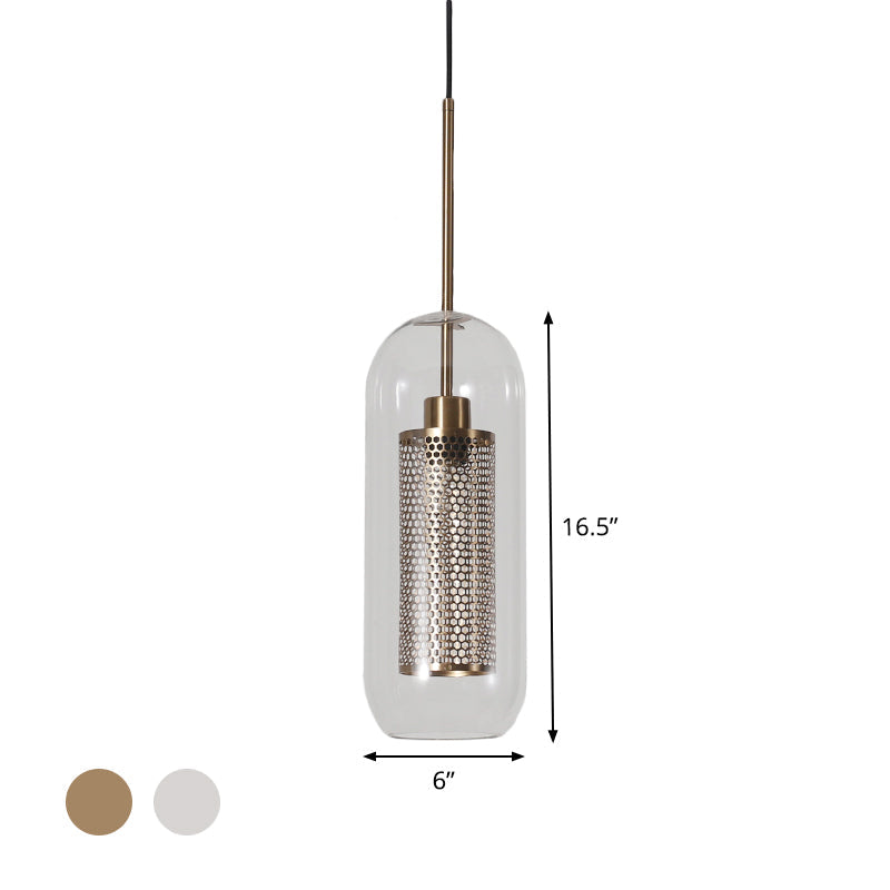 Modern Clear Glass Capsule Hanging Light with Mesh Screen for Balcony Ceiling - 1 Light