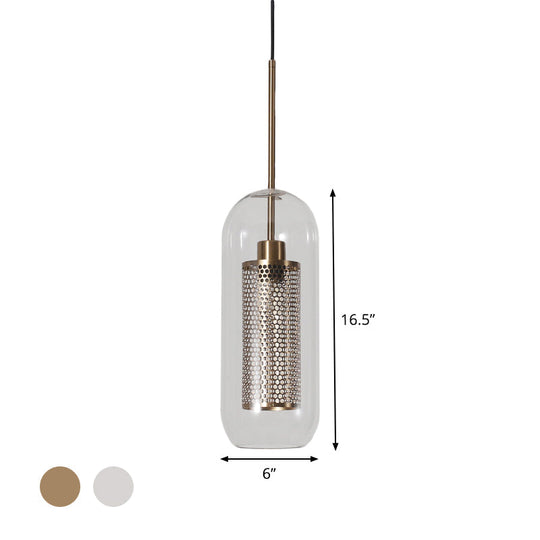 Modern Clear Glass Capsule Hanging Light with Mesh Screen for Balcony Ceiling - 1 Light