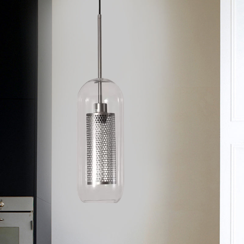 Modern Clear Glass Capsule Hanging Light with Mesh Screen for Balcony Ceiling - 1 Light