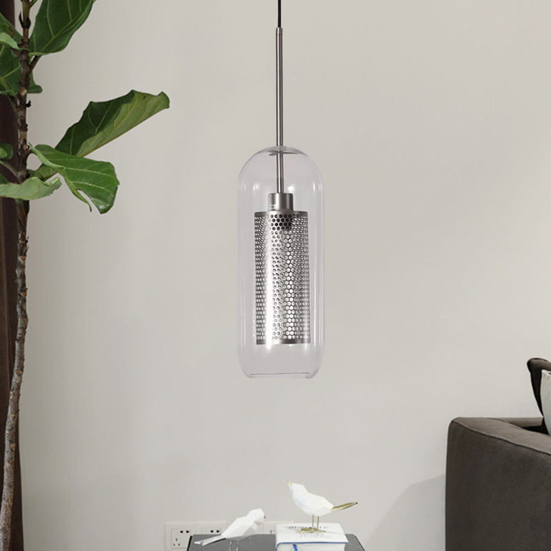 Modern Clear Glass Capsule Hanging Light with Mesh Screen for Balcony Ceiling - 1 Light