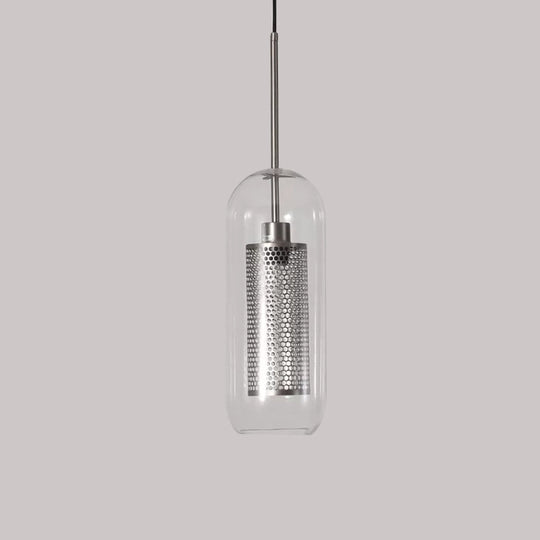 Modern Clear Glass Capsule Hanging Light with Mesh Screen for Balcony Ceiling - 1 Light